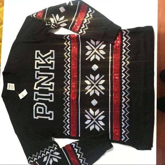 Victoria’s Secret Pink Bling Sequin Christmas Oversized tee shirt black - Picture 4 of 7